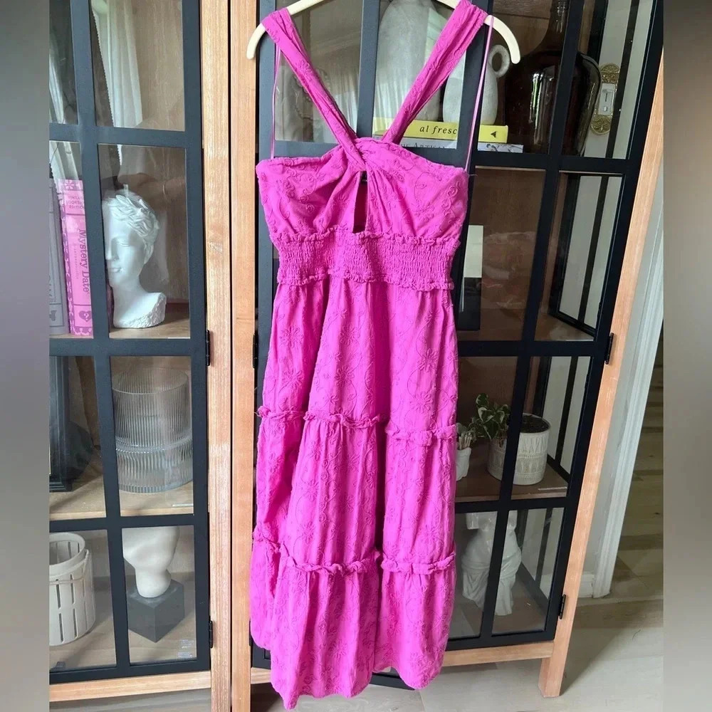 Halter maxi dress Barbie purple pink embroidered floral sleeveless keyhole midi